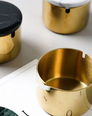 Stainless Steel Gold Ashtray with Black Marble Cover